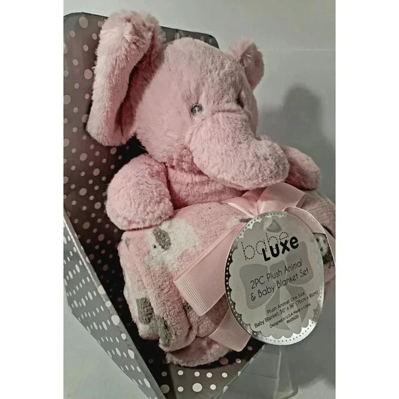Babe Lux Plush Animal Elephant and Baby Blanket Set Pink and White New - Picture 4 of 6